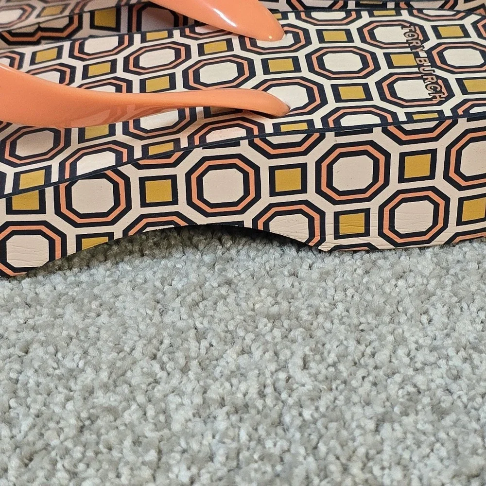 Tory Burch Cutout Curved Wedge Flip‎ Flops Fresh Melon Ballet Pink Octagon Used